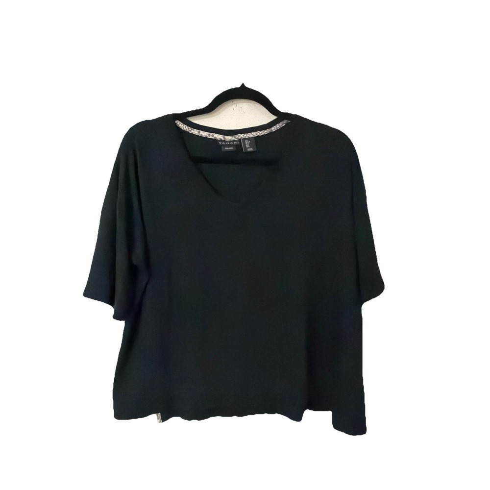 TAHARI Black L 100% LINEN Short Sleeve Blouse Top Shirt Boho Logenlook Resort - Picture 1 of 5